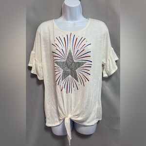 Trueself Top Ruffles are on the short sleeves star logo tied‎ front Sz Large NWT